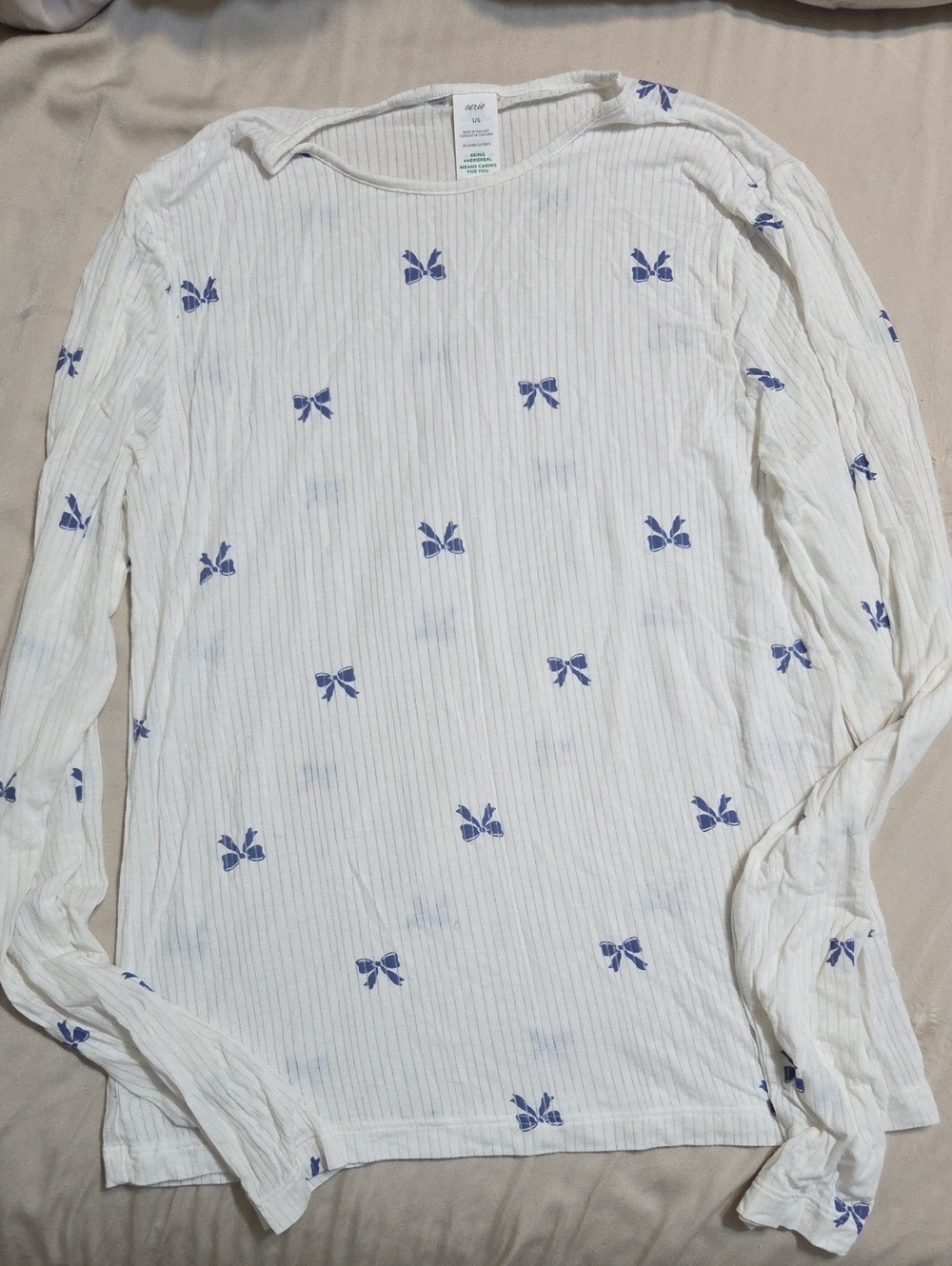 aerie White Long-Sleeve Ribbed Top with Blue Bow Print